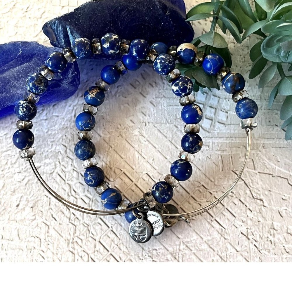 Alex and Ani Blue Rasberry Watercolor Beaded Silver Bangle Bracelet Lot